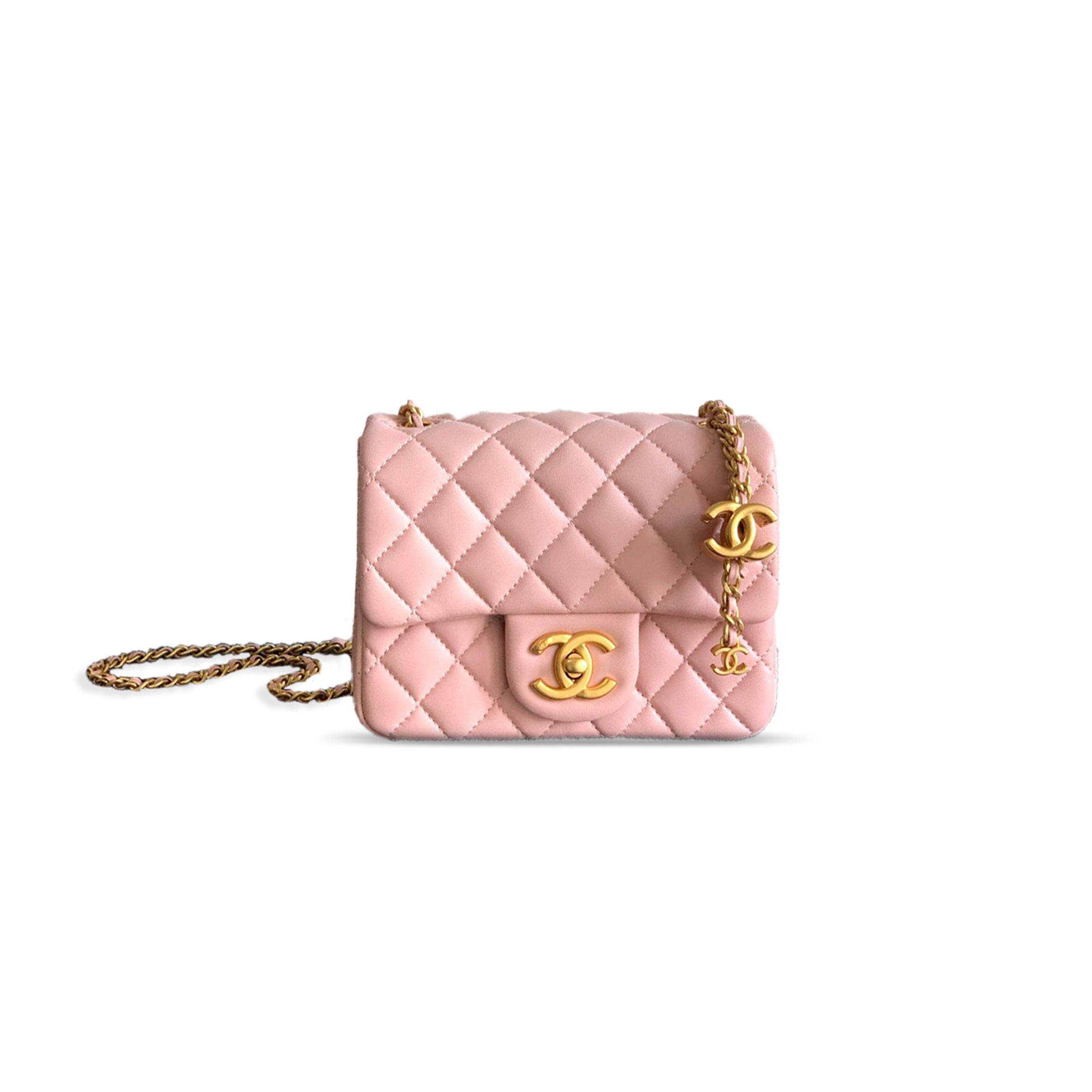 Ch*el flap bag shiny lanbskin in sakura powder 255219 (18*13.5*7cm)